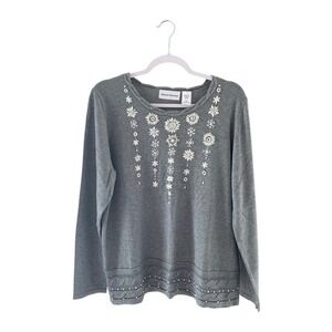 Alfred Dunner Embellished Floral & Snowflake Knit Sweater L/S Gray Round Neck LG